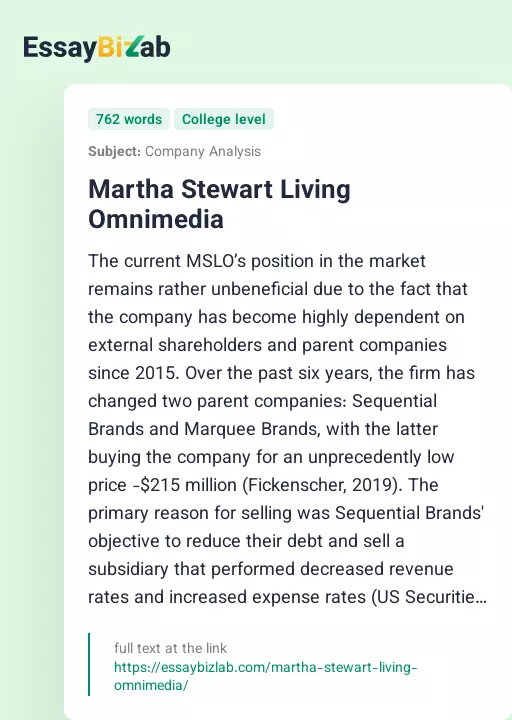 Martha Stewart Living Omnimedia - Essay Preview