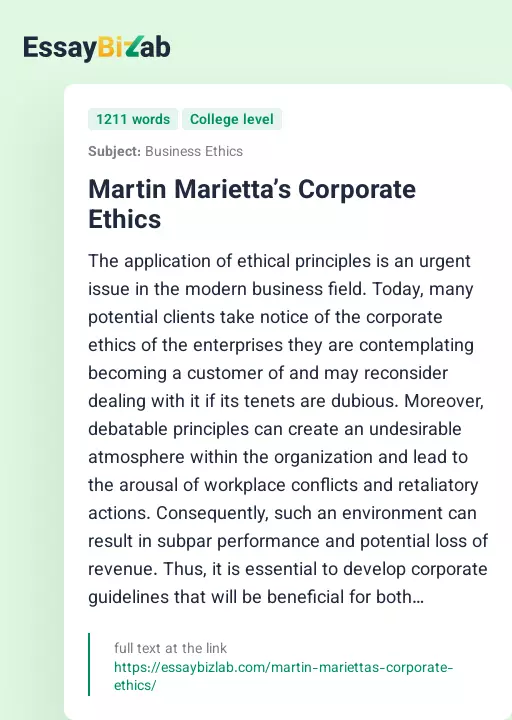 Martin Marietta’s Corporate Ethics - Essay Preview