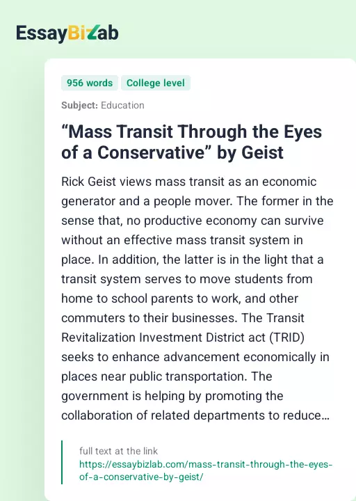 “Mass Transit Through the Eyes of a Conservative” by Geist - Essay Preview
