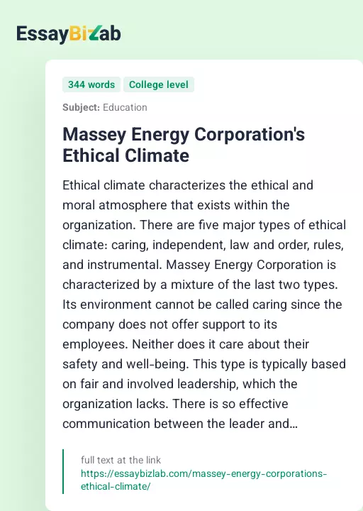 Massey Energy Corporation's Ethical Climate - Essay Preview