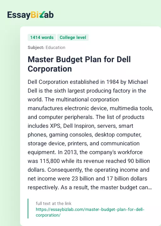 Master Budget Plan for Dell Corporation - Essay Preview