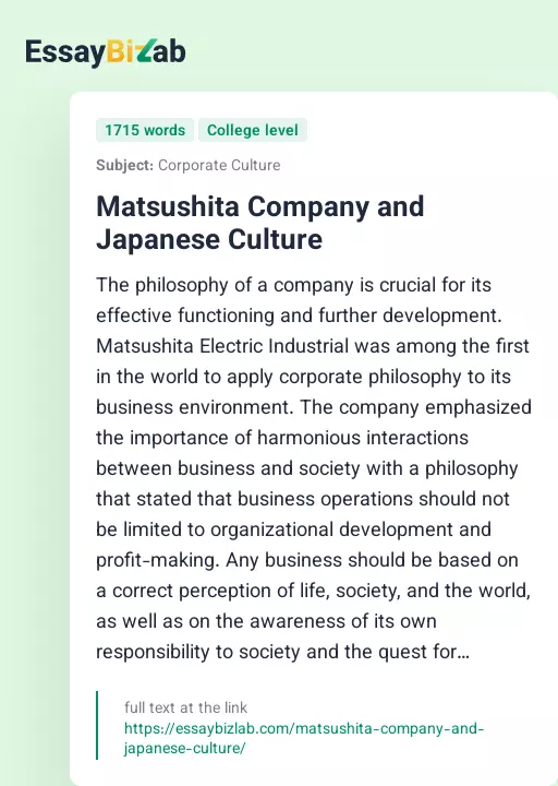 Matsushita Company and Japanese Culture - Essay Preview