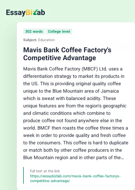 Mavis Bank Coffee Factory's Competitive Advantage - Essay Preview