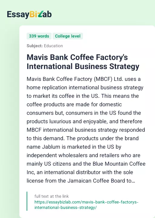 Mavis Bank Coffee Factory's International Business Strategy - Essay Preview