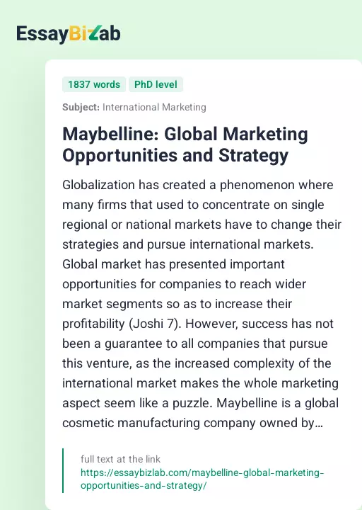 Maybelline: Global Marketing Opportunities and Strategy - Essay Preview