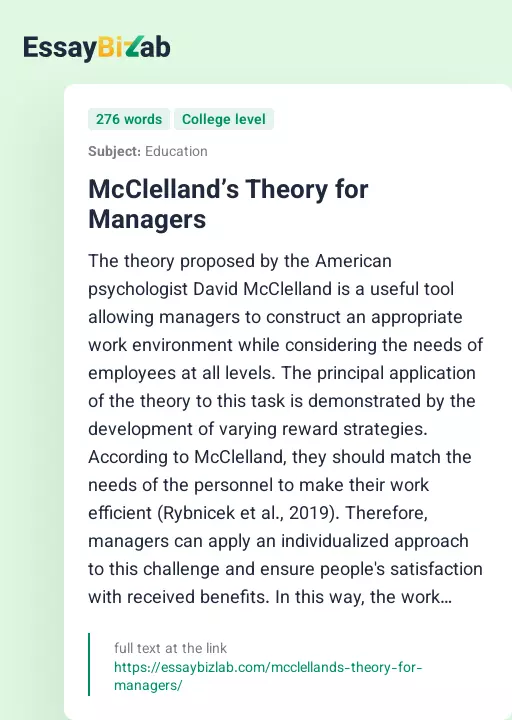 McClelland’s Theory for Managers - Essay Preview