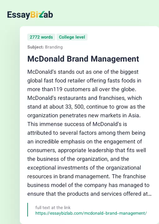 McDonald Brand Management - Essay Preview