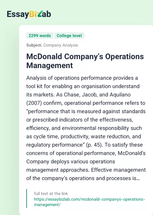McDonald Company’s Operations Management - Essay Preview