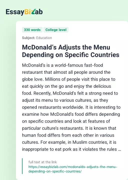 McDonald’s Adjusts the Menu Depending on Specific Countries - Essay Preview