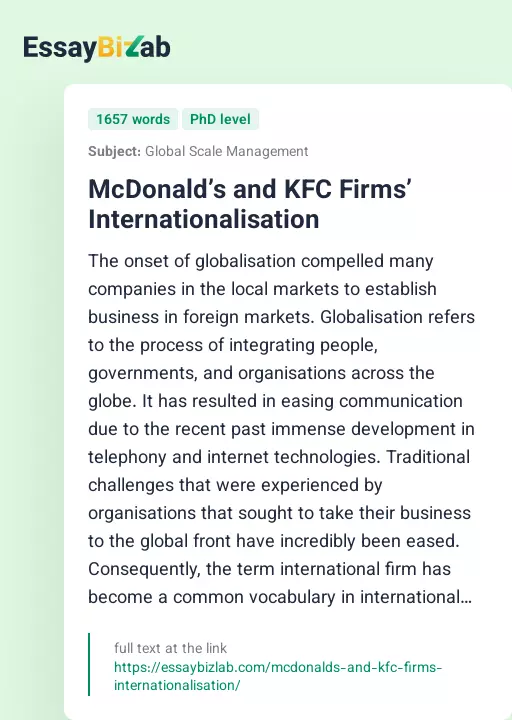 McDonald’s and KFC Firms’ Internationalisation - Essay Preview