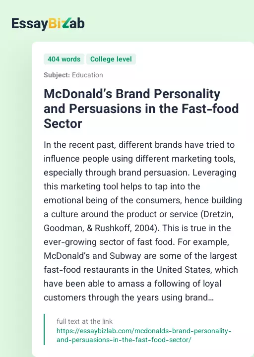 McDonald’s Brand Personality and Persuasions in the Fast-food Sector - Essay Preview