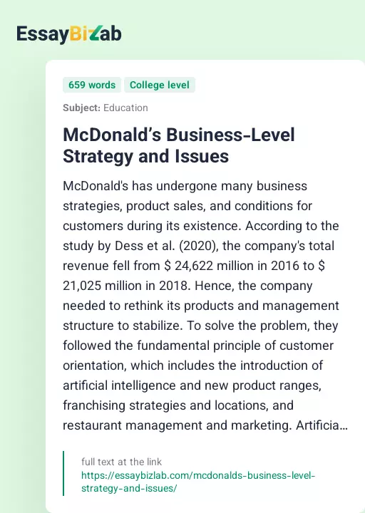McDonald’s Business-Level Strategy and Issues - Essay Preview