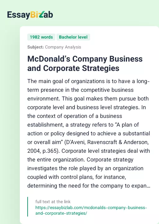 McDonald’s Company Business and Corporate Strategies - Essay Preview