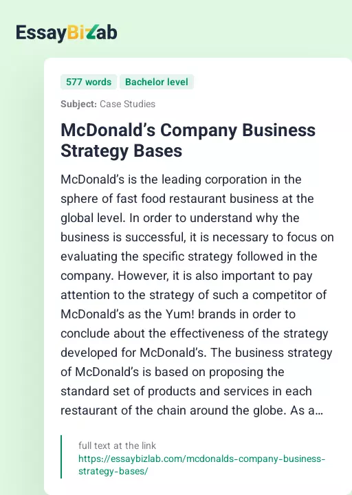 McDonald’s Company Business Strategy Bases - Essay Preview
