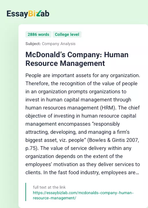 McDonald’s Company: Human Resource Management - Essay Preview