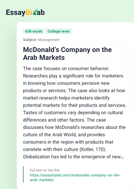 McDonald’s Company on the Arab Markets - Essay Preview