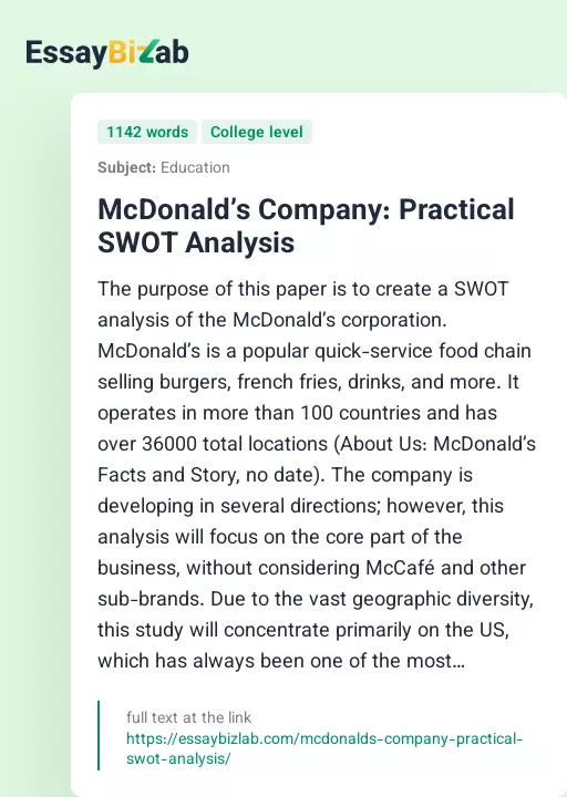 McDonald’s Company: Practical SWOT Analysis - Essay Preview