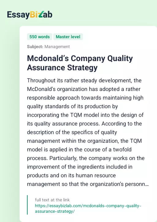 Mcdonald’s Company Quality Assurance Strategy - Essay Preview