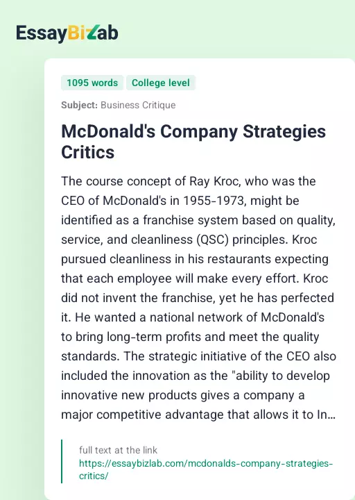McDonald's Company Strategies Critics - Essay Preview