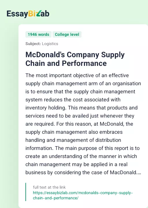 McDonald's Company Supply Chain and Performance - Essay Preview