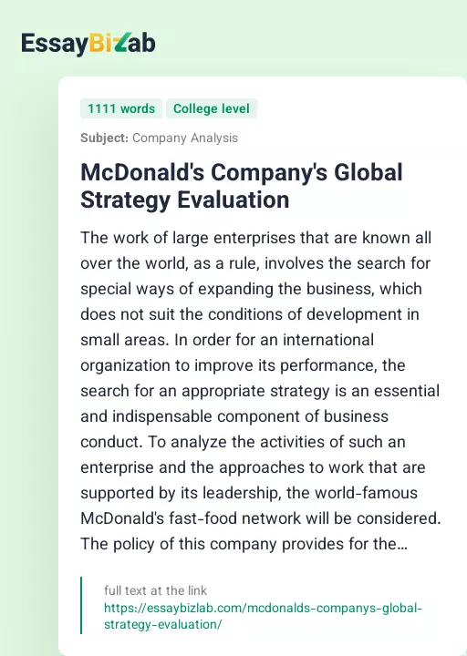 McDonald's Company's Global Strategy Evaluation - Essay Preview
