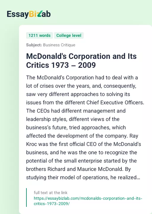 McDonald's Corporation and Its Critics 1973 – 2009 - Essay Preview