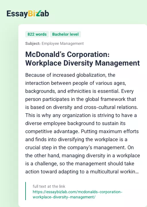 McDonald’s Corporation: Workplace Diversity Management - Essay Preview