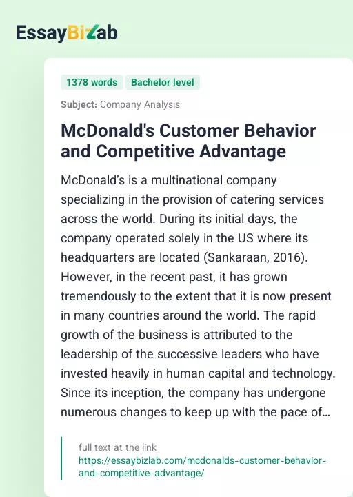McDonald's Customer Behavior and Competitive Advantage - Essay Preview