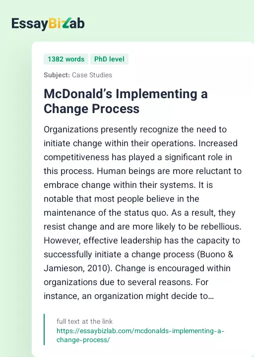 McDonald’s Implementing a Change Process - Essay Preview
