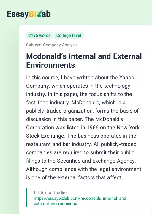Mcdonald’s Internal and External Environments - Essay Preview