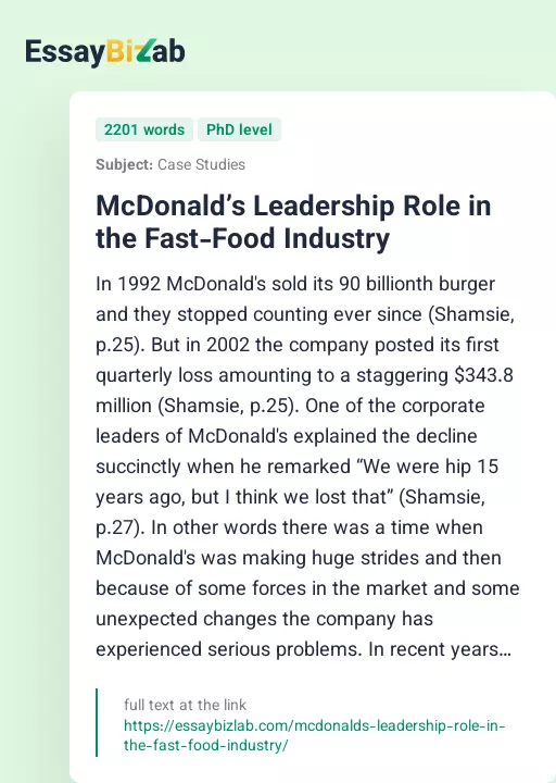 McDonald’s Leadership Role in the Fast-Food Industry - Essay Preview