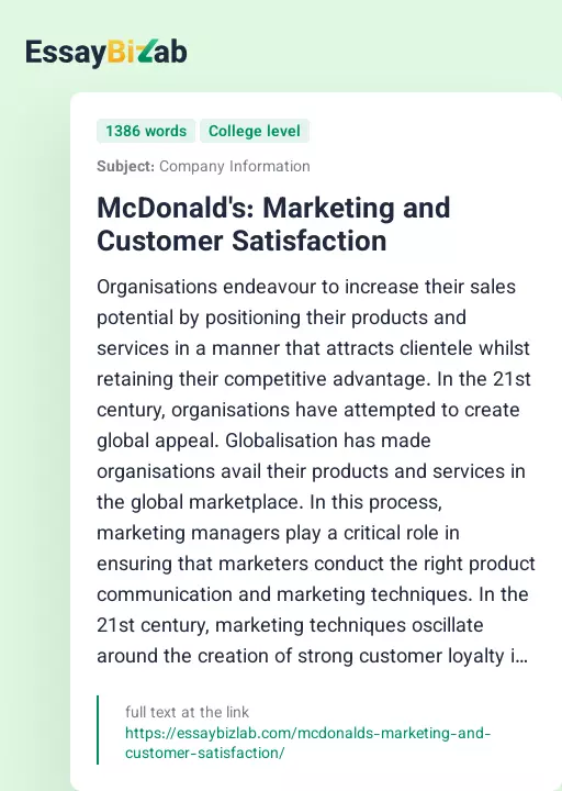 McDonald's: Marketing and Customer Satisfaction - Essay Preview