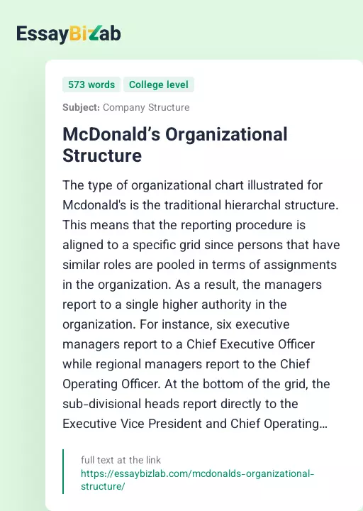 McDonald’s Organizational Structure - Essay Preview
