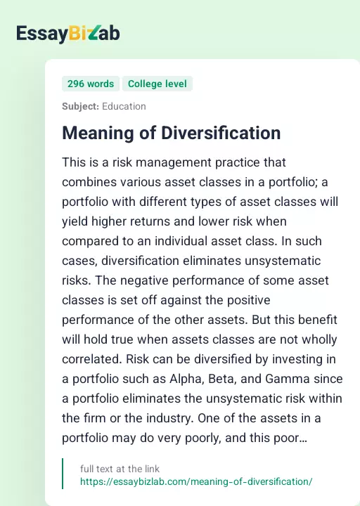 Meaning of Diversification - Essay Preview
