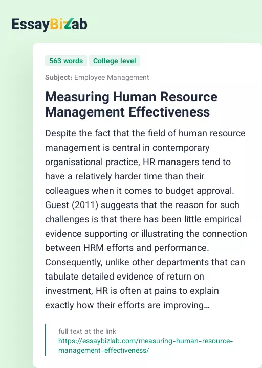 Measuring Human Resource Management Effectiveness - Essay Preview
