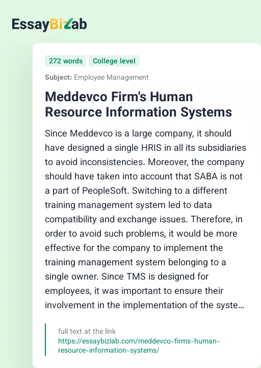 Meddevco Firm's Human Resource Information Systems - Essay Preview