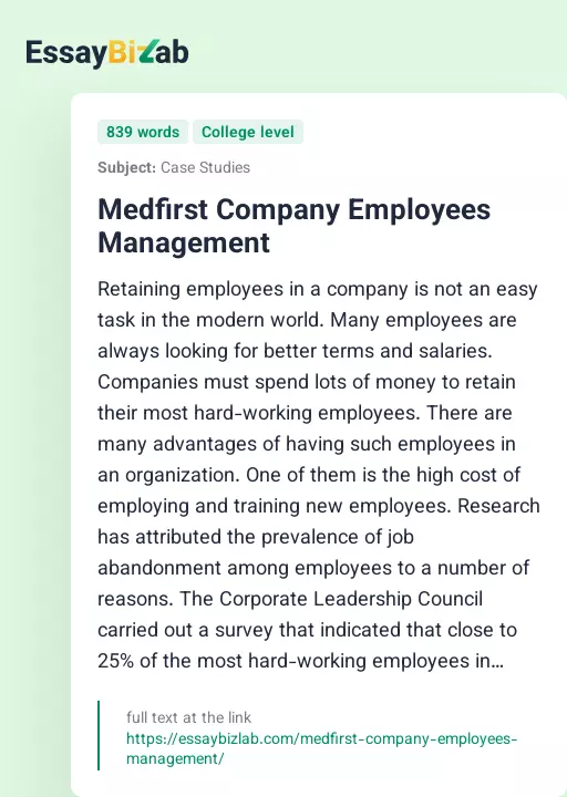 Medfirst Company Employees Management - Essay Preview