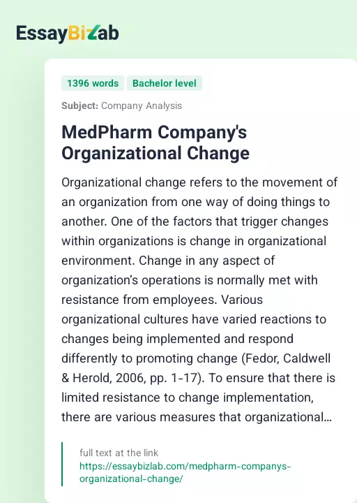 MedPharm Company's Organizational Change - Essay Preview