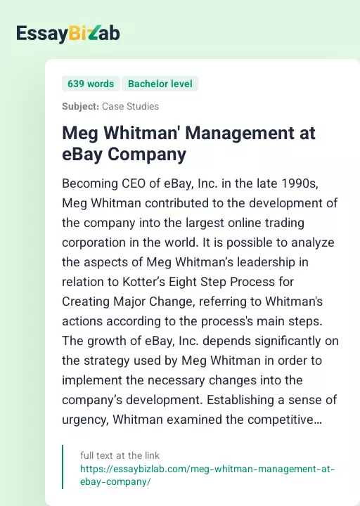 Meg Whitman' Management at eBay Company - Essay Preview