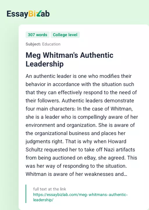 Meg Whitman's Authentic Leadership - Essay Preview