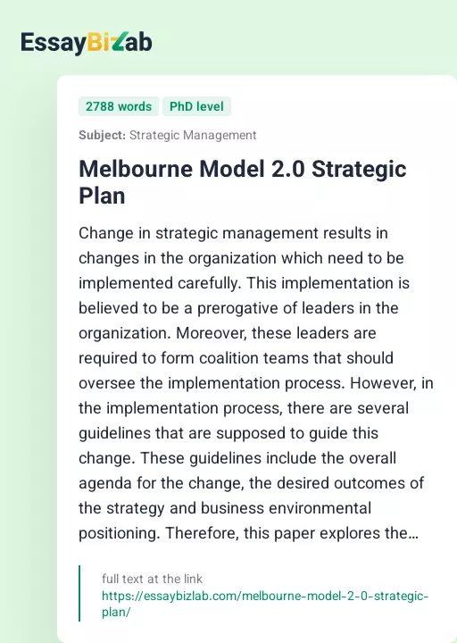 Melbourne Model 2.0 Strategic Plan - Essay Preview