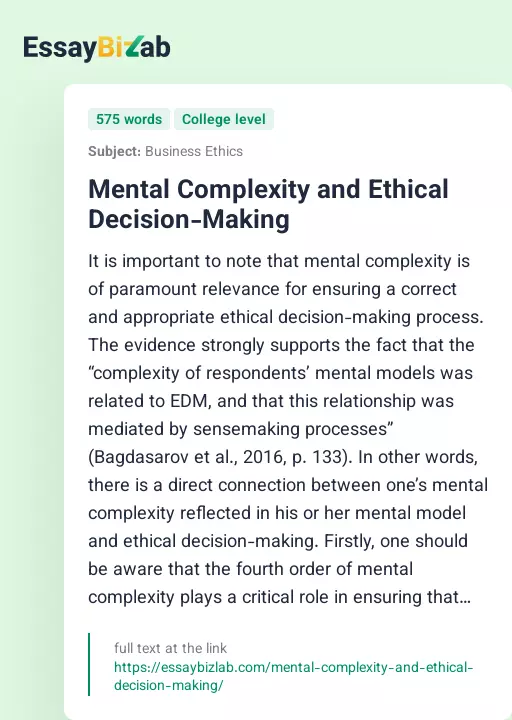 Mental Complexity and Ethical Decision-Making - Essay Preview