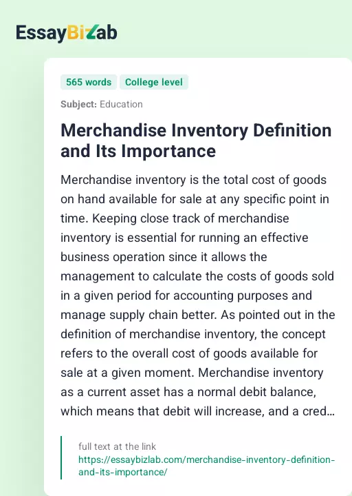 Merchandise Inventory Definition and Its Importance - Essay Preview