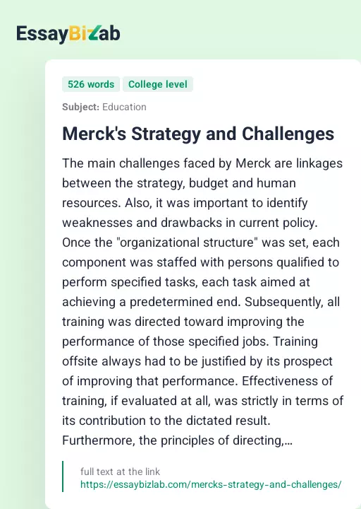 Merck's Strategy and Challenges - Essay Preview
