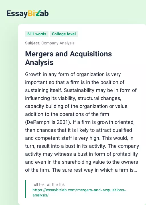 Mergers and Acquisitions Analysis - Essay Preview
