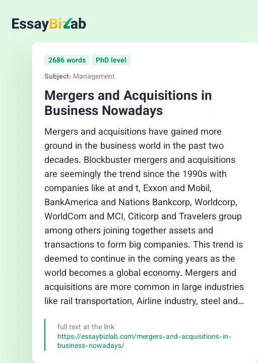 Mergers and Acquisitions in Business Nowadays - Essay Preview