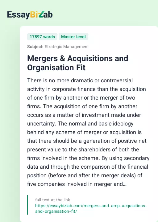 Mergers & Acquisitions and Organisation Fit - Essay Preview