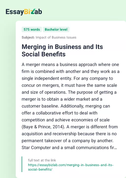 Merging in Business and Its Social Benefits - Essay Preview