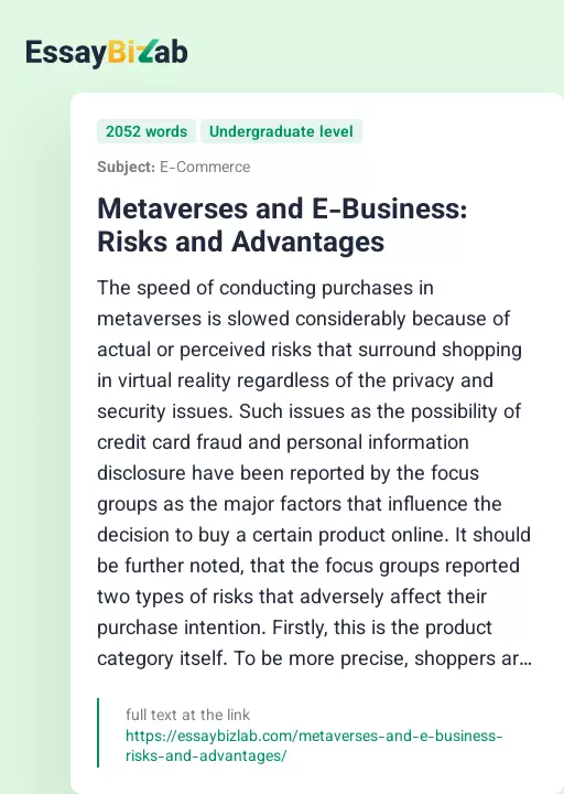 Metaverses and E-Business: Risks and Advantages - Essay Preview