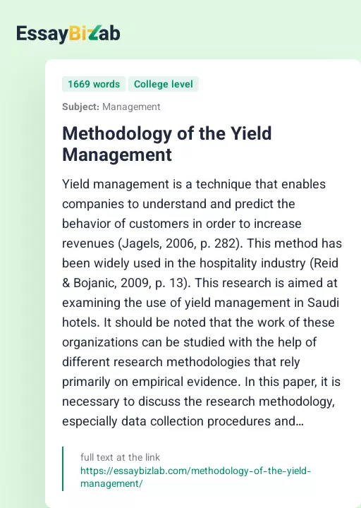 Methodology of the Yield Management - Essay Preview